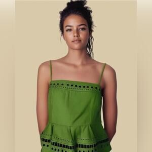 ANTHROPOLOGIE MAEVE SEABORNE CORSET PEPLUM TANK GREEN EYELETTE SIZE 0